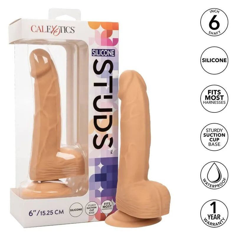 Godemichet réaliste silicone souple ferme ventouse robuste fixation mains libres harnais compatible tête sensuelle tige texturée boules détaillées six pouces