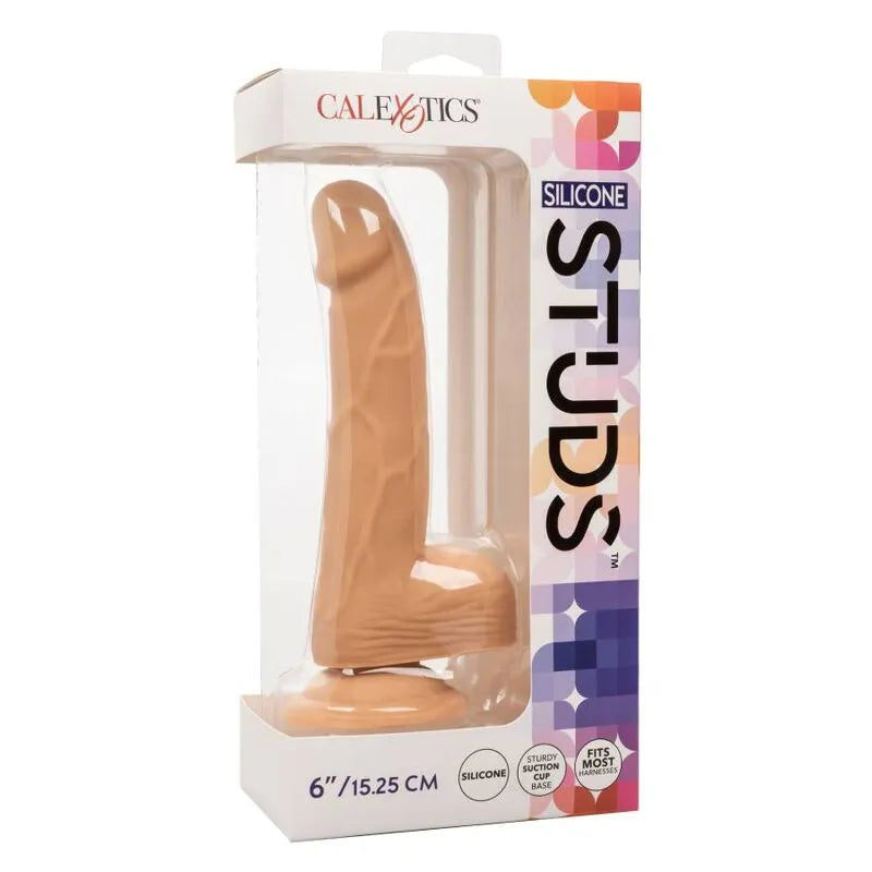 Godemichet réaliste silicone beige 6 pouces, ventouse robuste, tige texturée, dans emballage transparent.