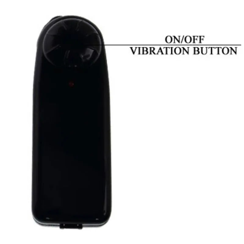 Télécommande noire ergonomique pour godemichet réaliste, boutons on/off et vibration, design moderne et fonctionnel.