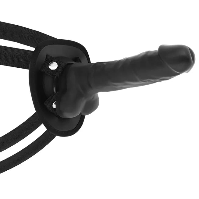 Godemichet noir articulable en silicone double densité avec harnais cuir et sangles réglables, hypoallergénique.