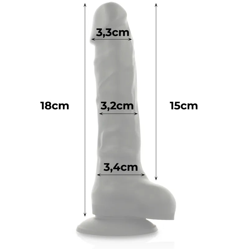 Godemichet articulable silicone gris, double densité, avec harnais réglable cuir PU et anneaux interchangeables.