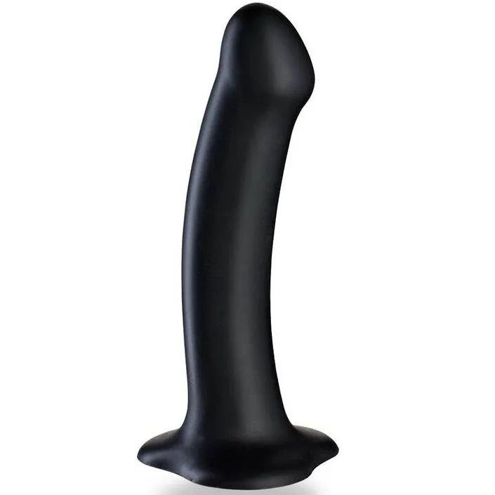 Godemichet noir incurvé silicone 18cm, stimulation prostate et point G, ventouse, compatible harnais, étanche.