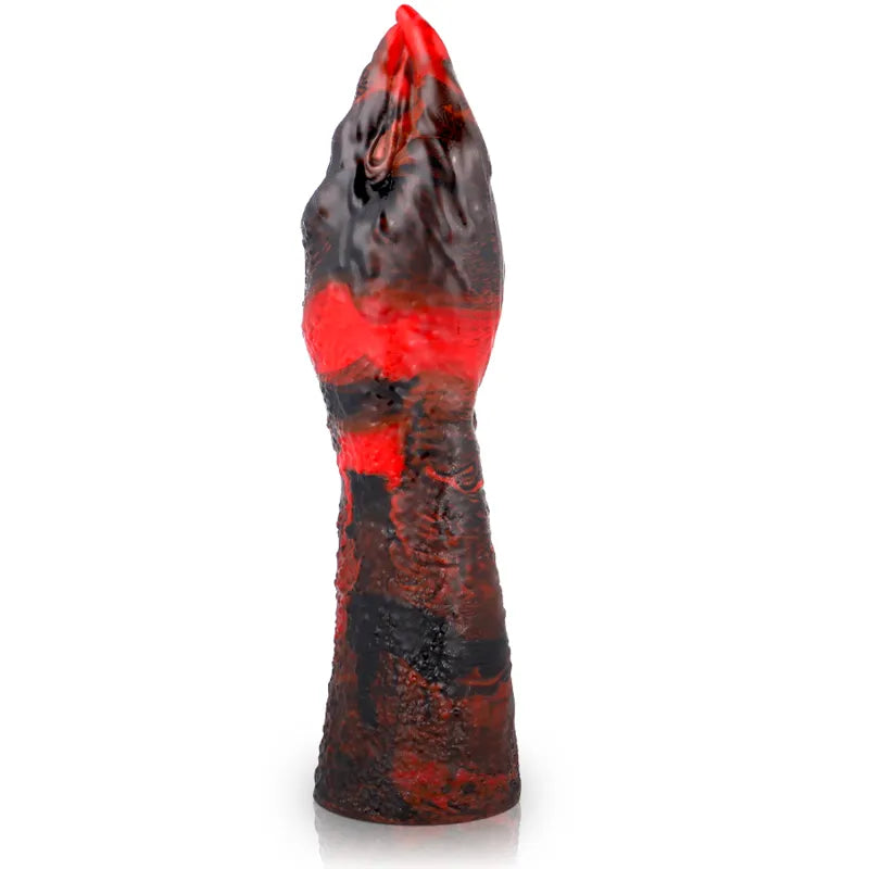 Gode silicone liquide rouge et noir, texture réaliste, inspiré Lilith, hypoallergénique, longueur 15cm, base 4cm.