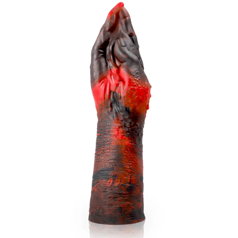 Gode silicone rouge et noir, 21cm, réaliste, flexible, base stable, inspiré par Lilith, symbole de puissance féminine.