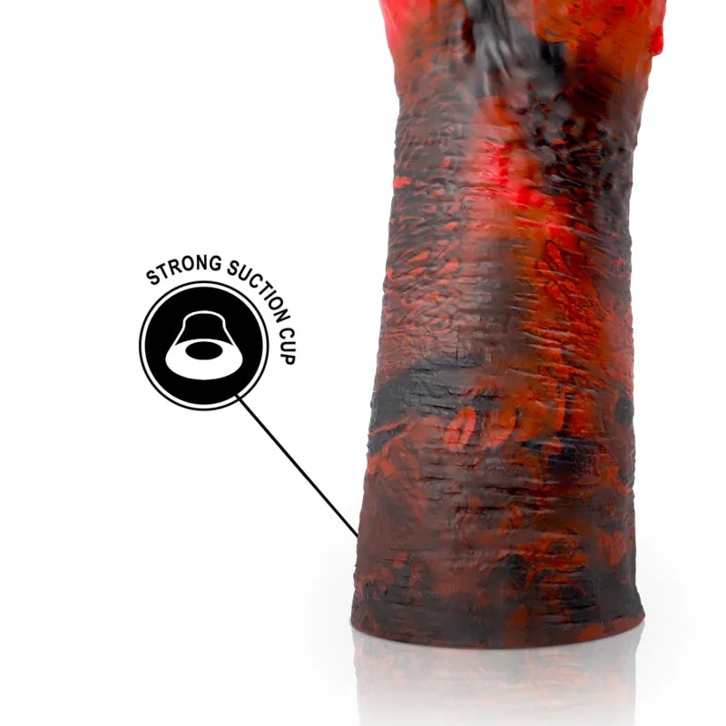 Gode silicone rouge-noir réaliste Lilith 21cm avec ventouse, texture détaillée, flexible et hypoallergénique.