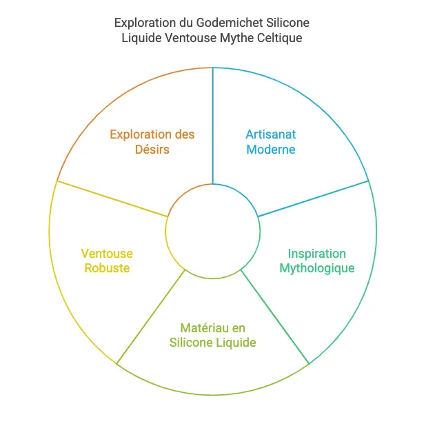 Diagramme circulaire du godemichet KELPIE, soulignant la ventouse robuste, le silicone liquide et l'inspiration mythologique.