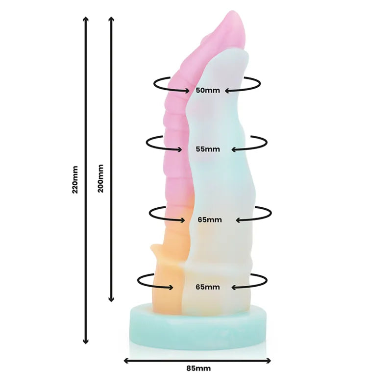 Godemichet silicone liquide multicolore, forme ondulée, ventouse robuste, design inspiré du mythe celtique Kelpie.