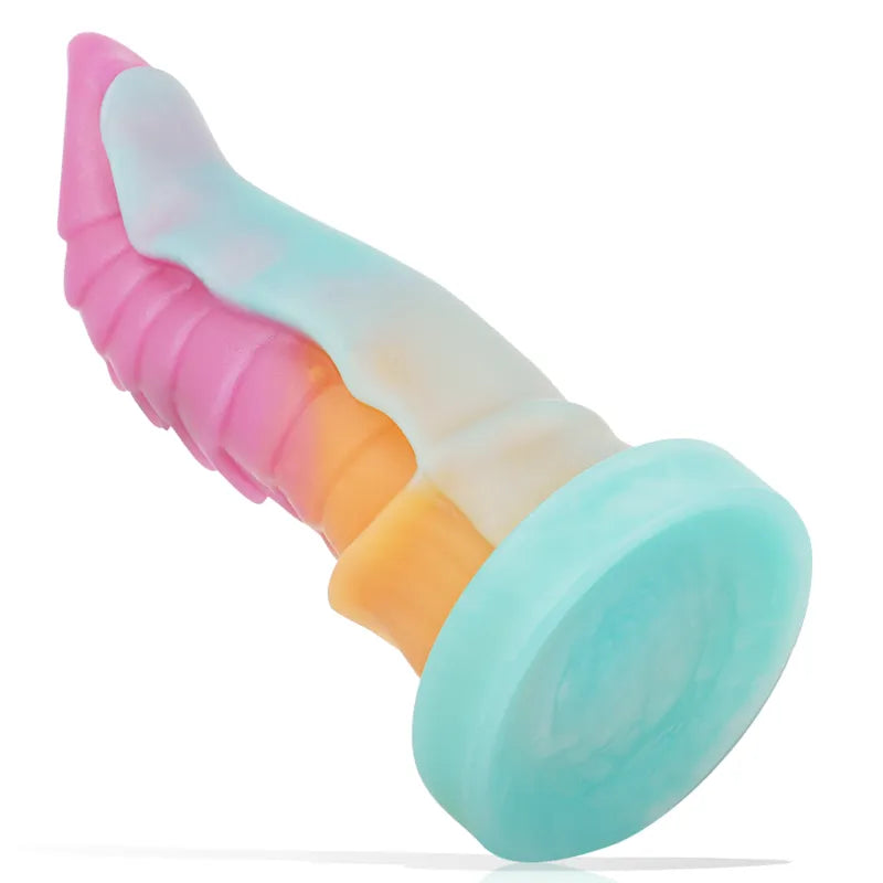 Godemichet silicone liquide multicolore 22cm, forme ondulée, ventouse robuste, inspiré du mythe celtique Kelpie.