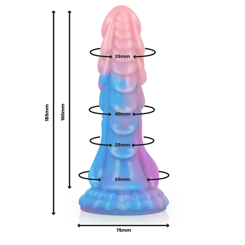 Godemichet silicone multicolore inspiré mythologie grecque, design courbes sensuelles, ventouse mains libres, 18 cm.