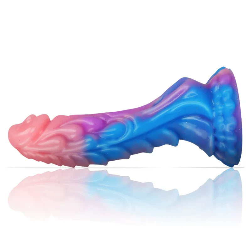 Godemichet silicone multicolore inspiré mythologie grecque, design Ashtar, courbes sensuelles, ventouse mains libres.