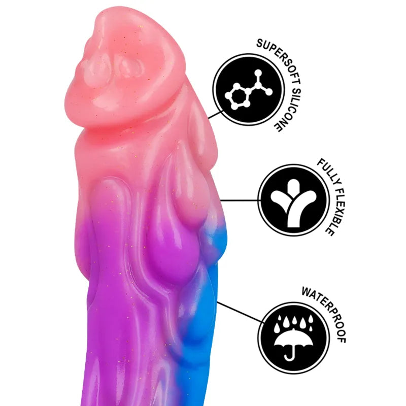 Godemichet silicone rose et violet, design mythologie grecque, courbes sensuelles, ventouse mains libres, hypoallergénique.