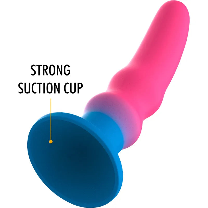 Godemichet silicone néon rose et bleu, double protubérances, base ventouse, stimulation anale, 13cm x 4cm.