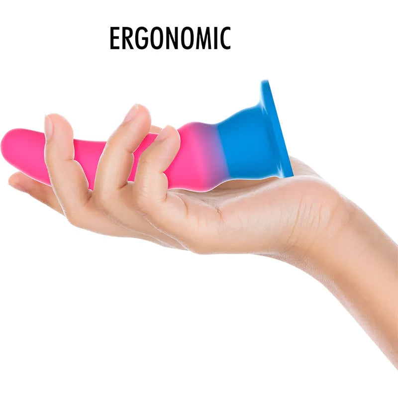 Godemichet silicone néon rose et bleu, double protubérances, base ventouse, stimulation anale, 13cm x 4cm.