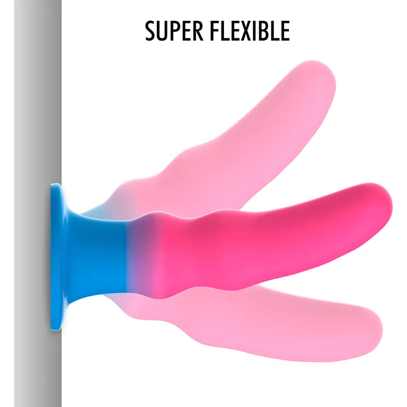 Godemichet silicone néon, protubérances marquées, base ventouse, stimulation anale, couleurs vives, fixation murale.