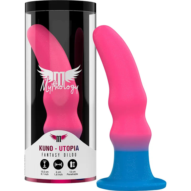 Godemichet silicone néon rose et bleu, double protubérances, base ventouse, stimulation anale, 13cm x 4cm.