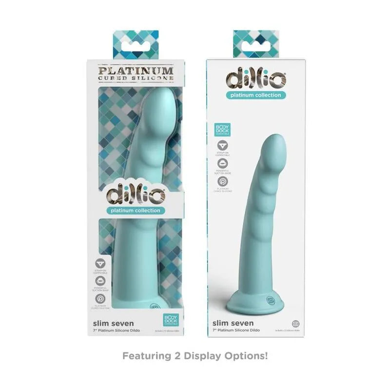 Godemichet silicone platine bleu avec ventouse, surface lisse, forme ondulée, emballage Dillio Platinum.