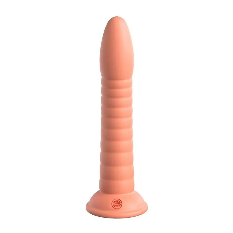 Godemichet silicone platine rose, surface lisse nervurée, ventouse, compatible harnais, ergonomique et hygiénique.