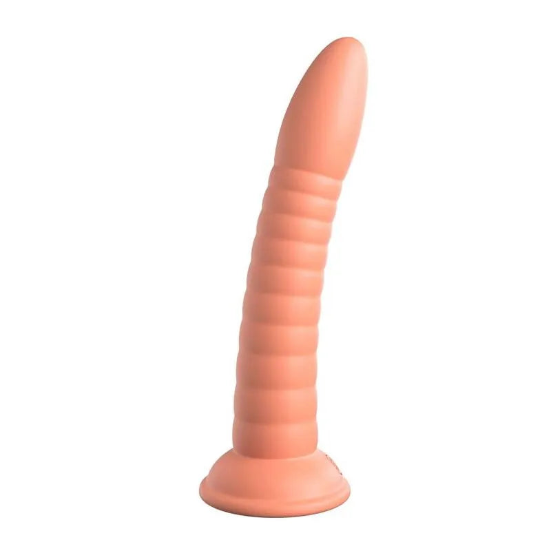 Godemichet silicone platine rose, surface lisse nervurée, ventouse à la base, compatible harnais, ergonomique et durable.