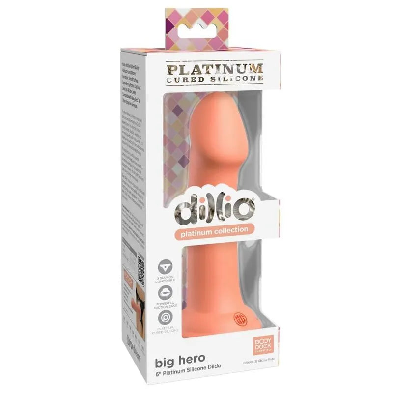 Godemichet silicone platine rose avec ventouse, forme lisse et ergonomique, compatible harnais, dans boîte transparente.