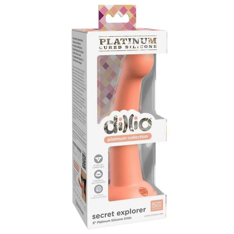 Godemichet silicone platine rose avec ventouse puissante, forme ergonomique, dans emballage transparent et coloré.
