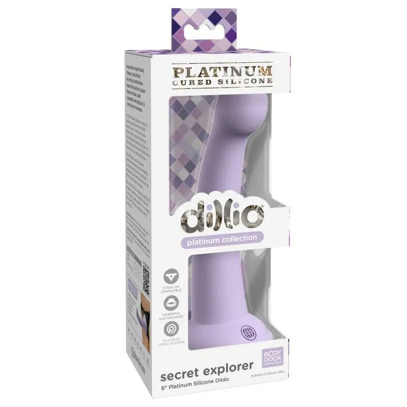 Godemichet silicone platine violet avec ventouse, texture lisse, flexible, dans emballage transparent.