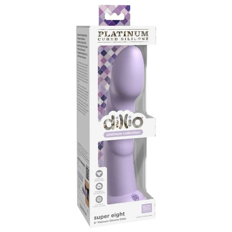 Godemichet silicone platine violet avec ventouse, forme ergonomique, dans emballage, compatible harnais universel.