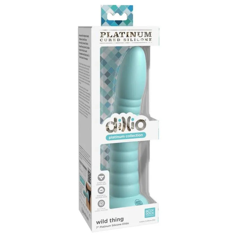 Godemichet bleu silicone platine avec ventouse, compatible harnais, dans boîte transparente, surface lisse et ergonomique.