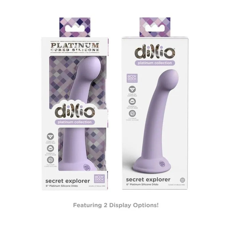 Godemichet silicone platine violet avec ventouse, texture lisse, forme ergonomique, emballage élégant.