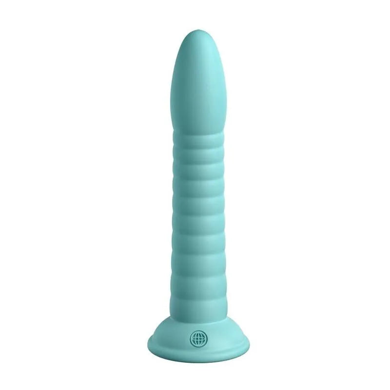 Godemichet silicone platine bleu avec ventouse, surface lisse et ergonomique, compatible harnais, hypoallergénique.