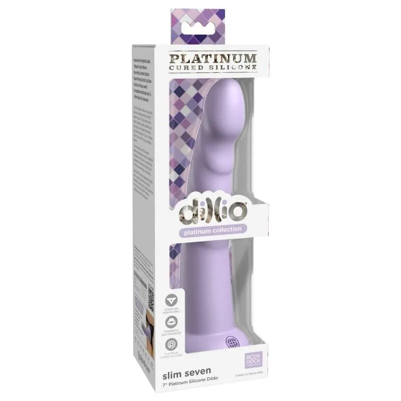 Godemichet silicone platine violet avec ventouse, surface lisse, dans boîte Dillio Platinum, compatible harnais.
