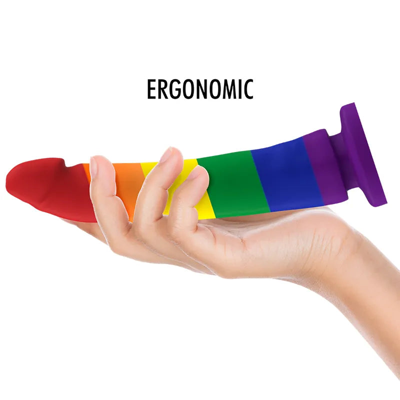 Godemichet silicone arc-en-ciel avec base d'aspiration, ergonomique, flexible, stimulation prostate, sans BPA.