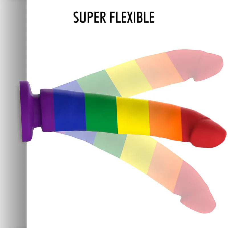 Gode en silicone arc-en-ciel 15cm, base ventouse, flexible, sans BPA, compatible harnais, vibrations incluses.