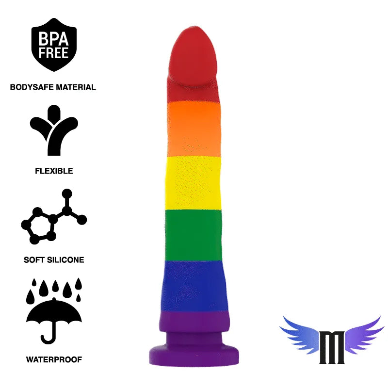 Godemichet silicone arc-en-ciel, base aspiration, flexible, doux, sans BPA, stimulation prostate, surface lisse.