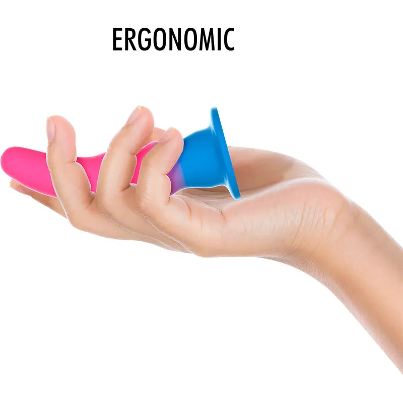 Godemichet silicone néon rose avec ventouse bleue, protubérances marquées, stimulation anale, fixation surfaces lisses.