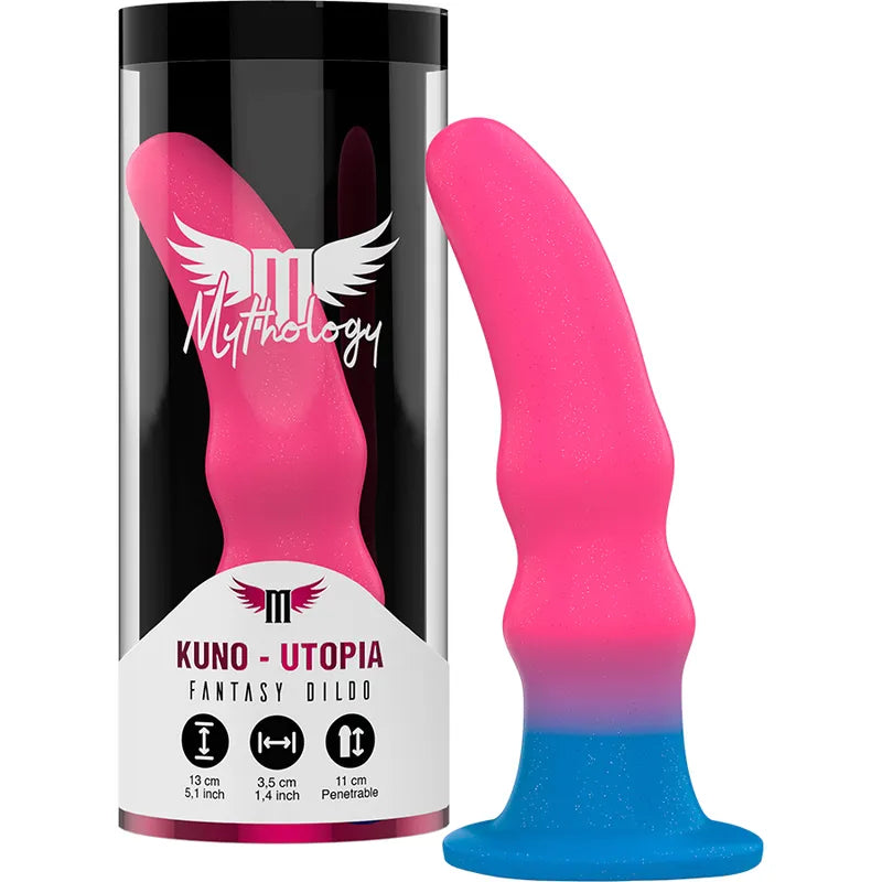 Godemichet silicone néon rose et bleu, protubérances marquées, base ventouse, stimulation anale, 13cm.