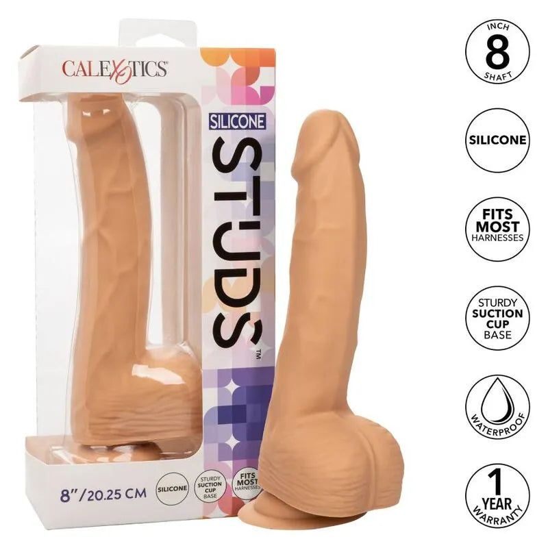 godemichet silicone réaliste huit pouces ventouse mains libres tige texturée flexible ferme sensation authentique compatible harnais stimulation accrue design détaillé