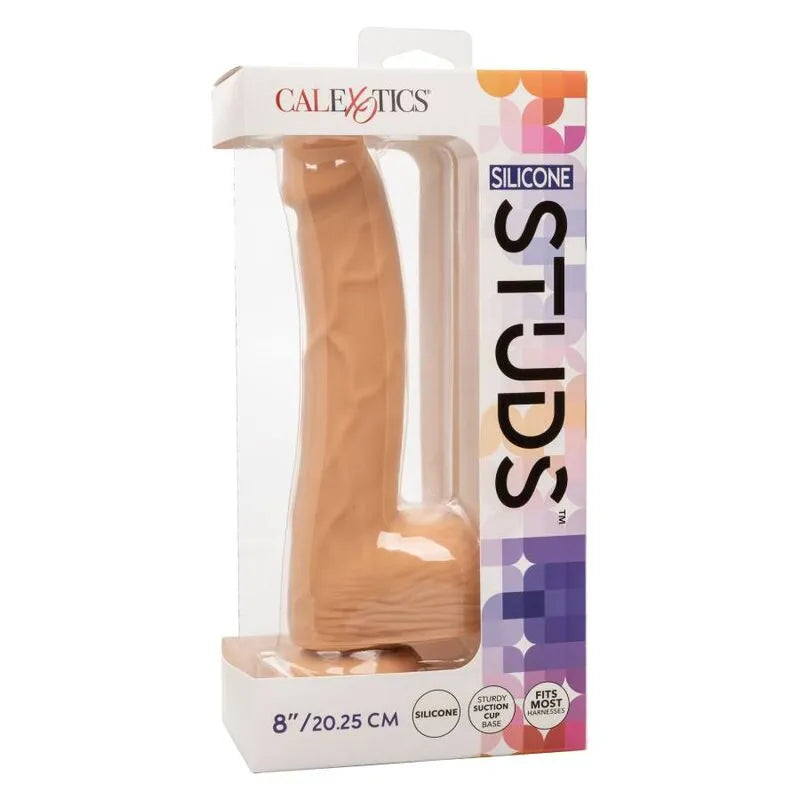 Godemichet silicone réaliste 8 pouces beige, ventouse, tige texturée, emballage détaillé, plaisir authentique.