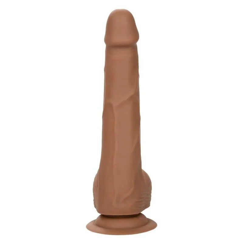 Godemichet silicone réaliste marron 8 pouces, ventouse base, texture souple, flexible, fixation mains libres.