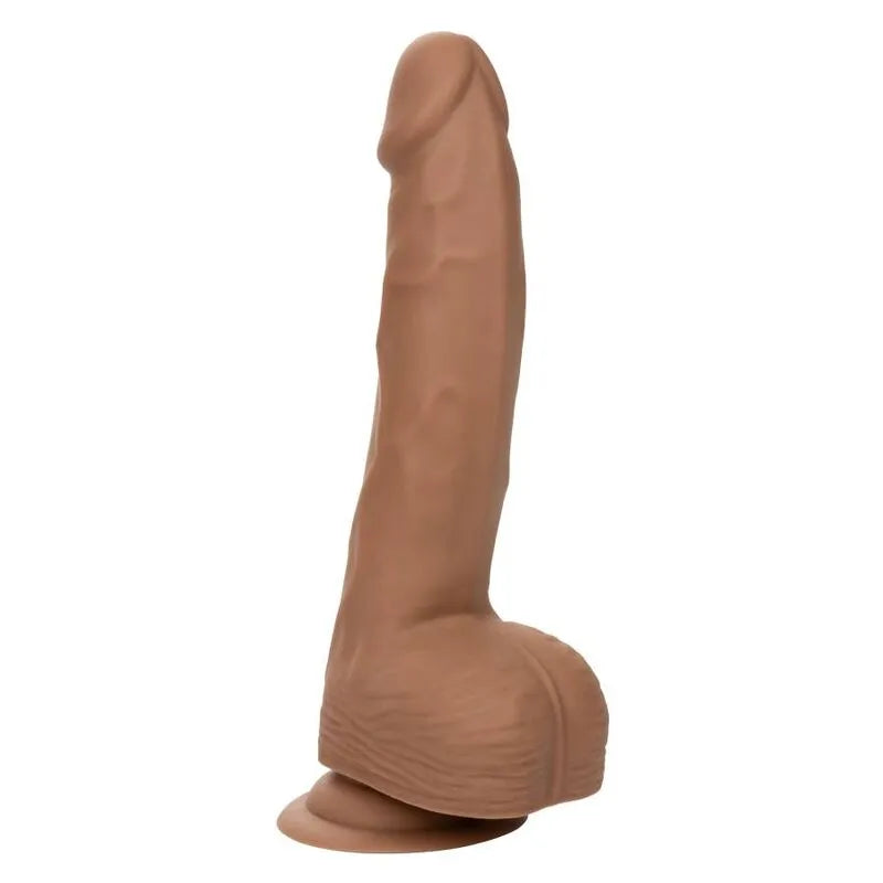 Godemichet silicone réaliste 8 pouces marron avec ventouse, texture souple et flexible, fixation mains libres.