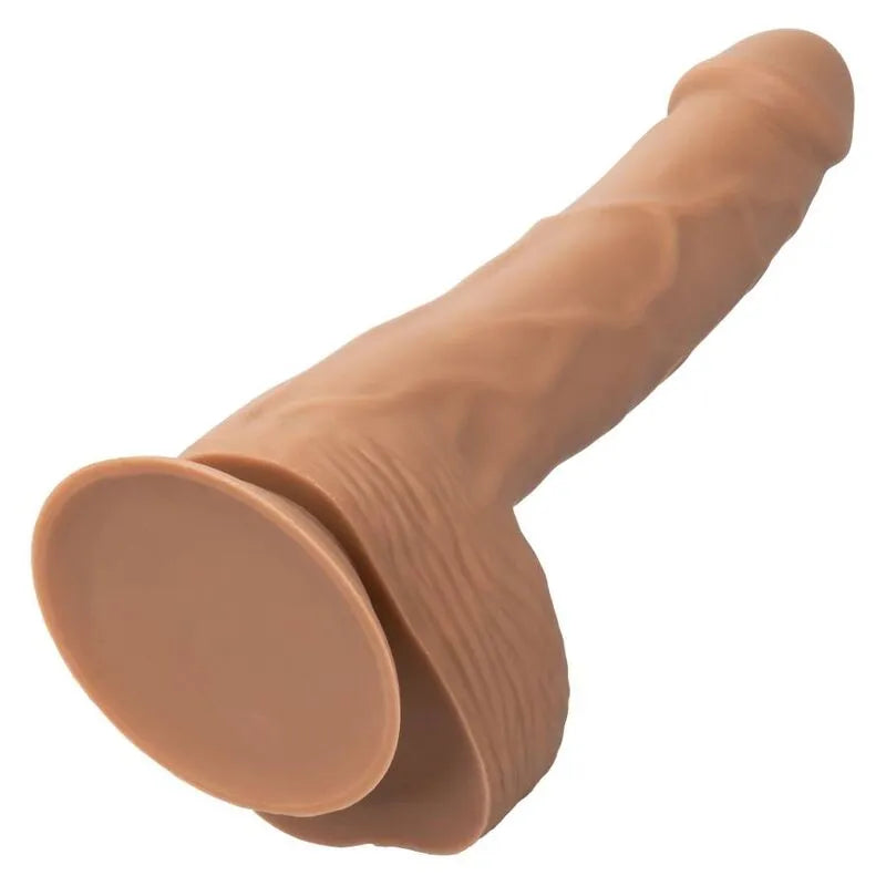 Godemichet silicone réaliste 8 pouces, couleur chair, ventouse pour fixation, texture souple et ergonomique.