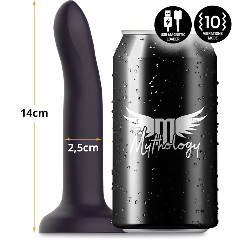 Godemichet silicone violet vibrant, 14cm, changeant de couleur, avec base ventouse, à côté d'une canette noire.