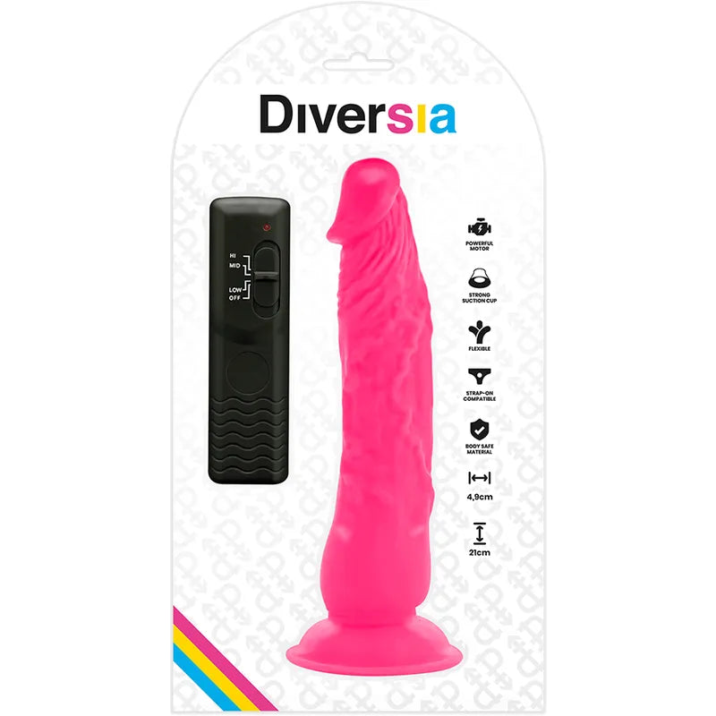 Godemichet rose flexible, télécommandé, 19cm, TPE hypoallergénique, harnais compatible, vibrations puissantes, Diversia.