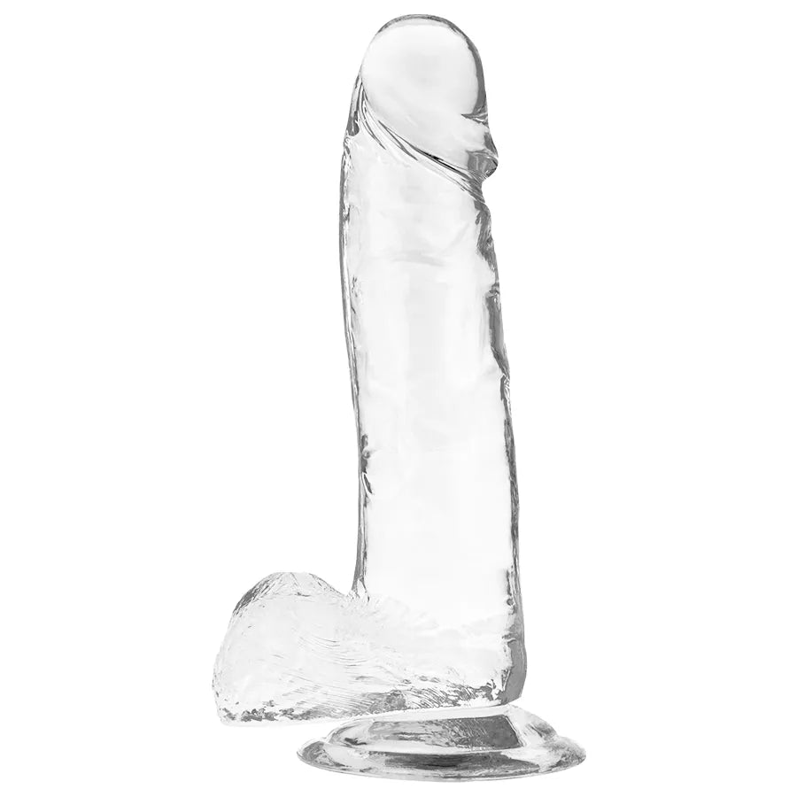 Godemichet transparent réaliste en gelée, texture veiné, tête définie, base à succion, hypoallergénique et flexible.