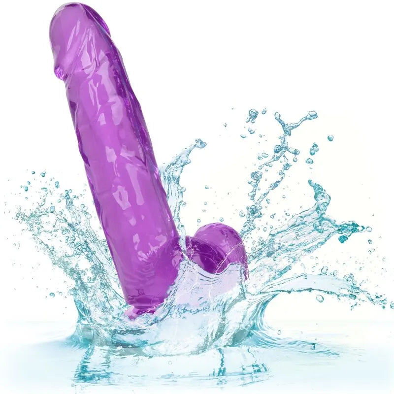 Godemichet ventouse violet TPR réaliste, texture ferme, base robuste, éclaboussures d'eau, fixation multidirectionnelle.