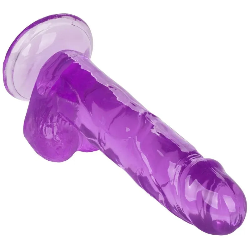 Godemichet ventouse violet réaliste en TPR, texture veinée, base ventouse, longueur insérable 15,25 cm, flexible et étanche.