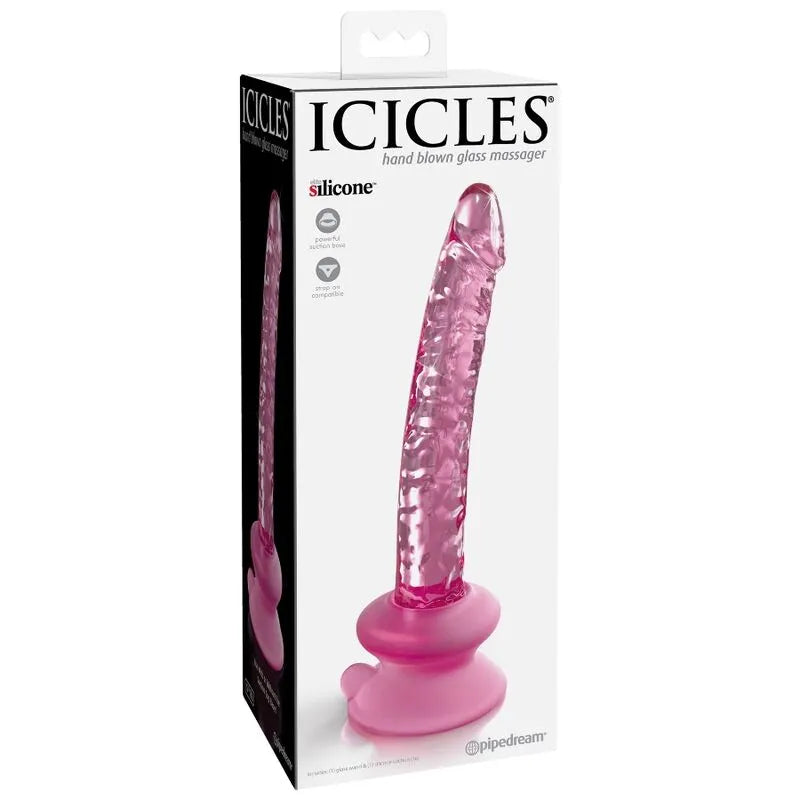Godemichet en verre translucide veiné avec ventouse rose, design réaliste et ergonomique, sur fond blanc.