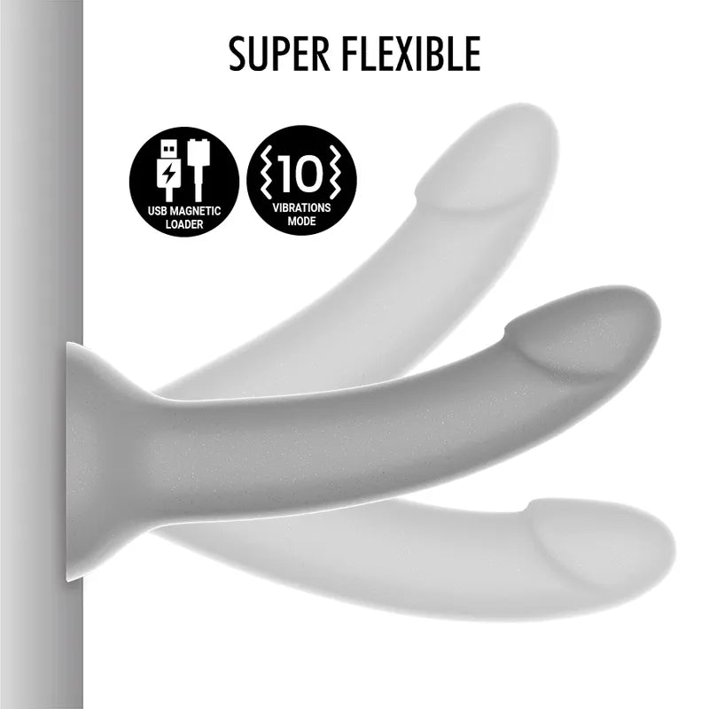 Godemichet vibrant argenté en silicone, rechargeable, 125mm, compatible harnais, usage anal, élégant et puissant.