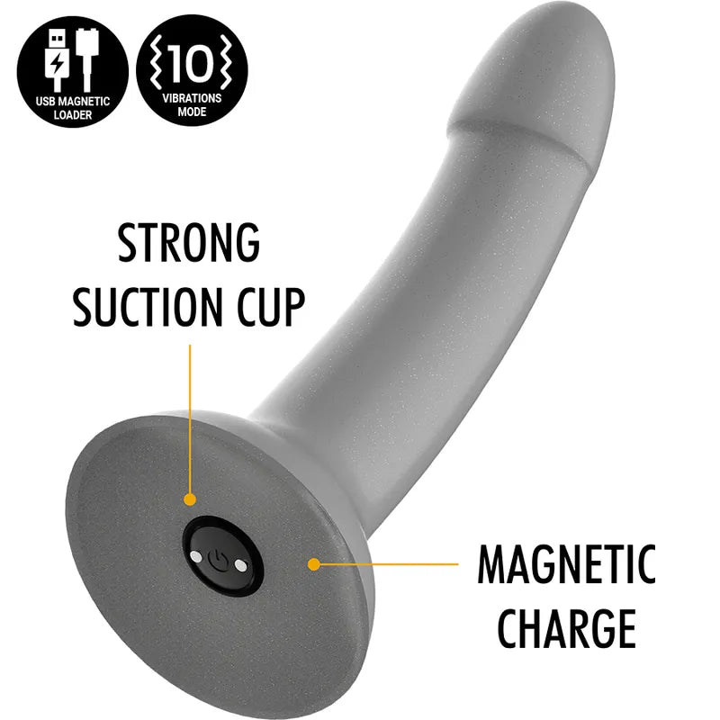 Godemichet vibrant argenté, silicone médicale, forme incurvée, base ventouse, charge magnétique, compatible harnais.