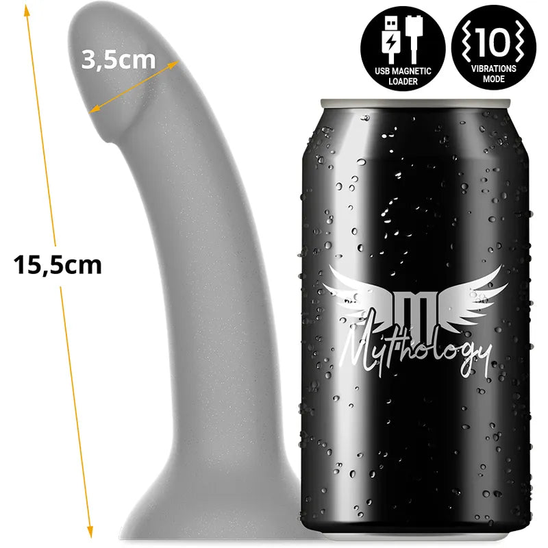 Godemichet vibrant argenté en silicone médicale, 125mm, diamètre 35mm, rechargeable, compatible harnais, élégant.
