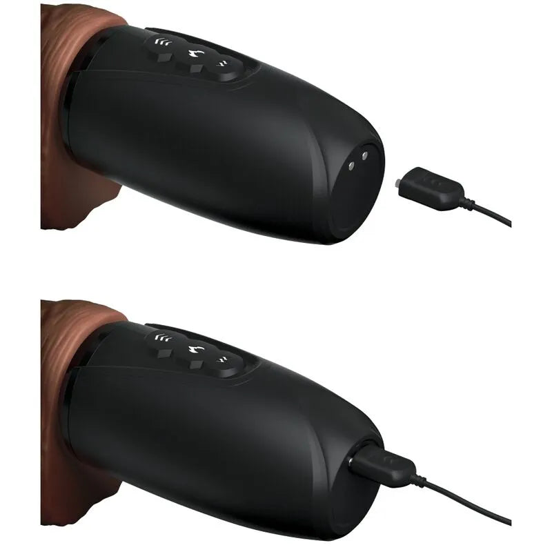 Godemichet vibrant noir, chauffant, avec mouvement de poussée, boutons de contrôle, câble de recharge USB, design ergonomi...